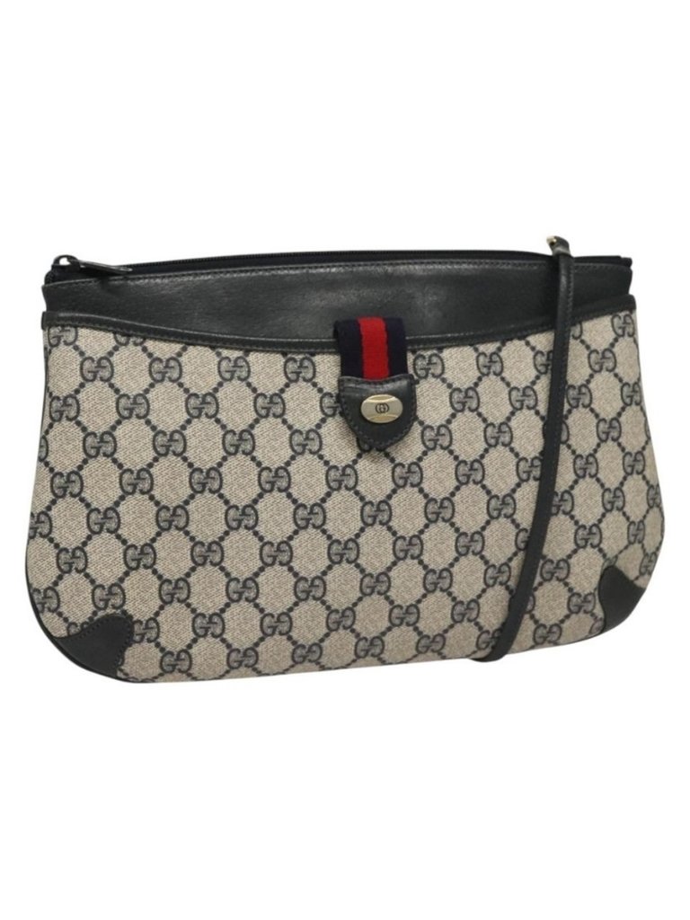 Authentic Gucci Gg Supreme Shoulder Bag Pvc Navy Gold 39 02 026